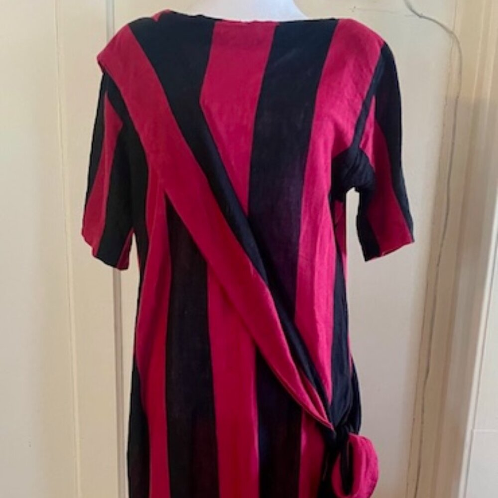 Vintage 1980s Black & Red Stripe Dress with Sash by Brioche